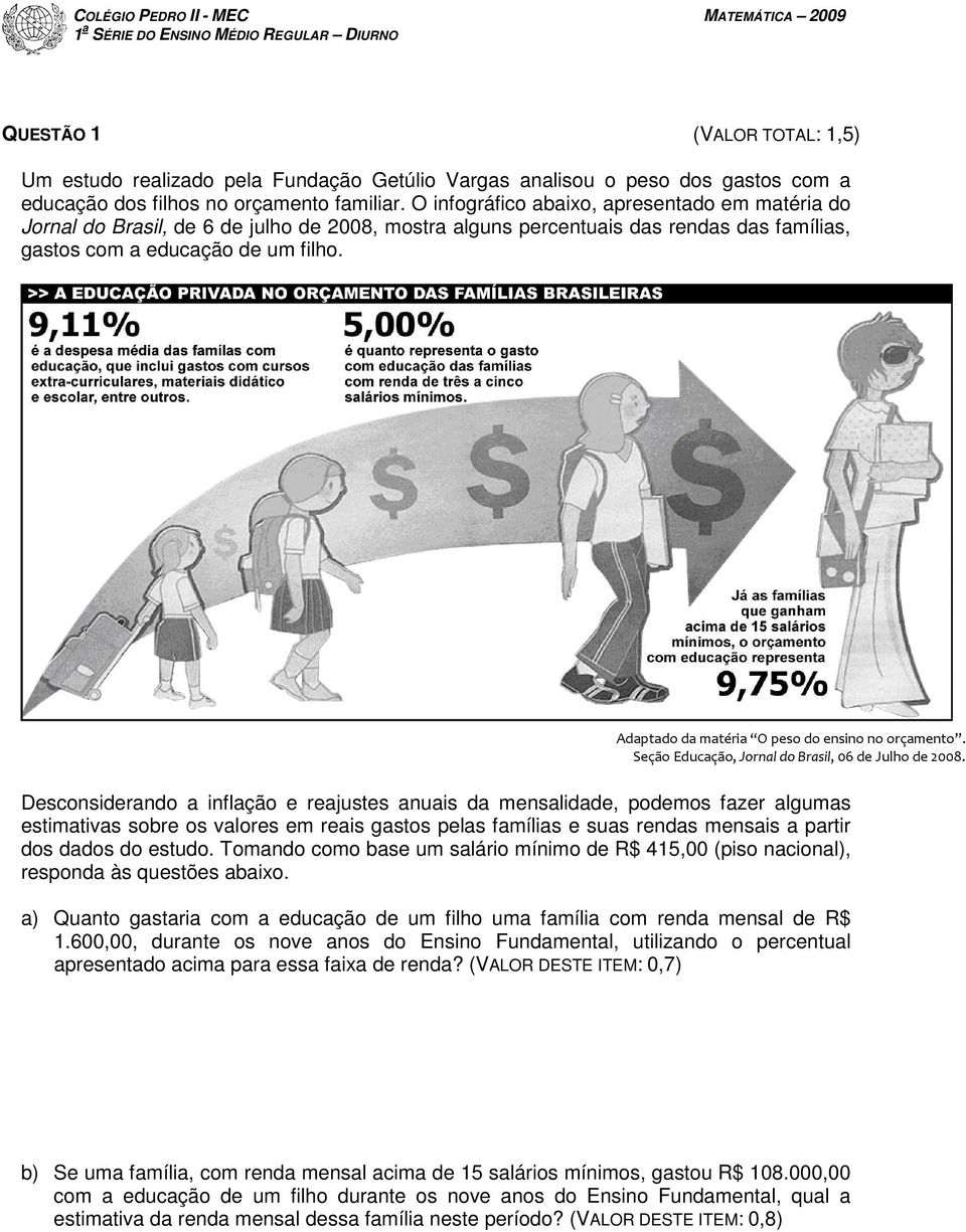 Adaptado da matéria O peso do ensino no orçamento. Seção Educação, Jornal do Brasil, 06 de Julho de 2008.