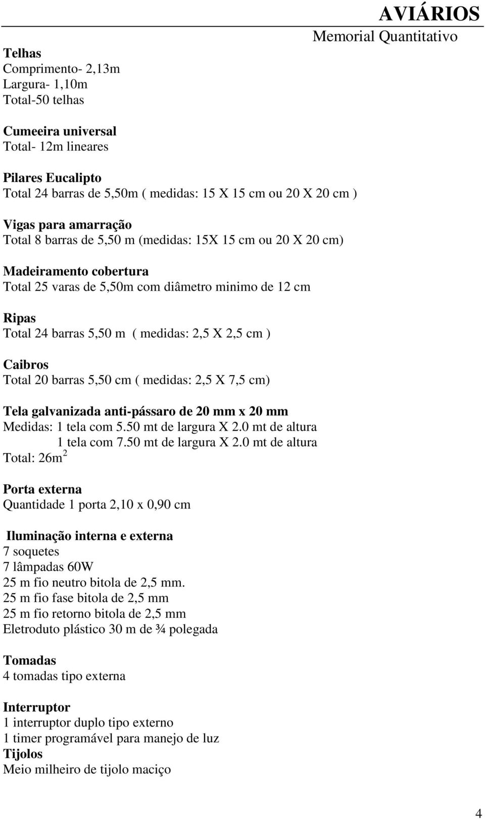 medidas: 2,5 X 2,5 cm ) Caibros Total 20 barras 5,50 cm ( medidas: 2,5 X 7,5 cm) Tela galvanizada anti-pássaro de 20 mm x 20 mm Medidas: 1 tela com 5.50 mt de largura X 2.0 mt de altura 1 tela com 7.