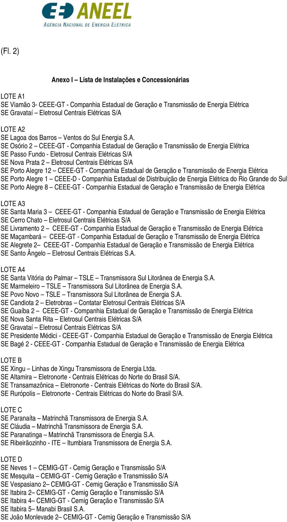 SE Osório 2 CEEE-GT - Companhia Estadual de Geração e Transmissão de Energia Elétrica SE Passo Fundo - Eletrosul Centrais Elétricas S/A SE Nova Prata 2 Eletrosul Centrais Elétricas S/A SE Porto