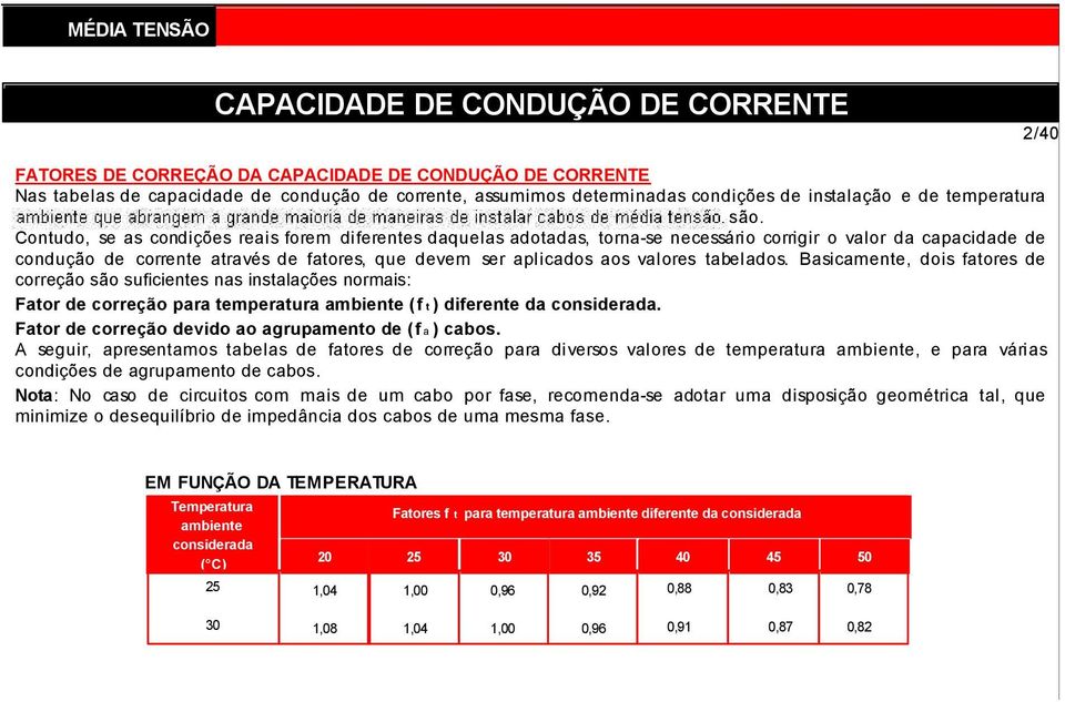 Contudo, se as condições reais forem diferentes daquelas adotadas, tornase necessário corrigir o valor da capacidade de condução de corrente através de fatores, que devem ser aplicados aos valores