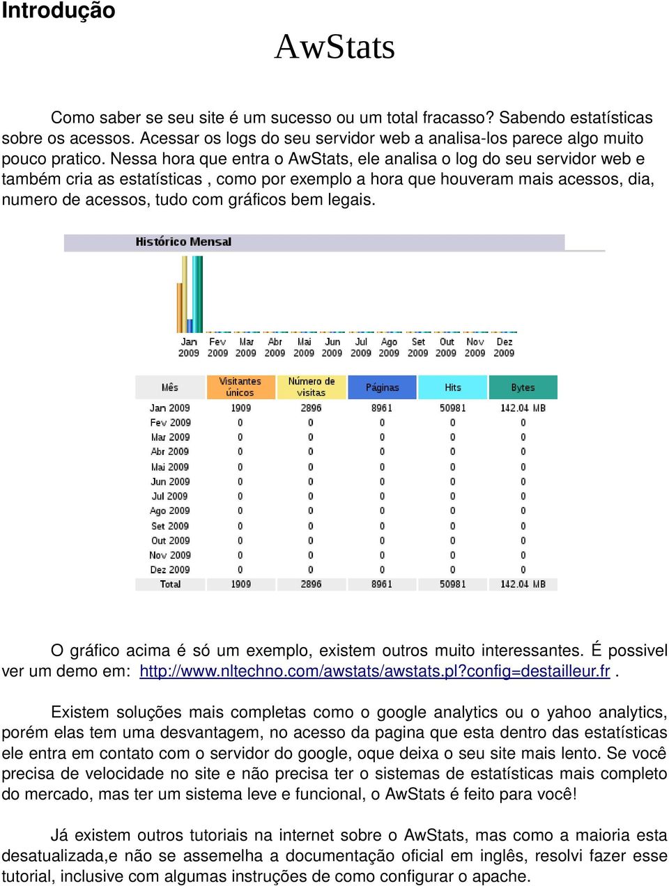 legais. O gráfico acima é só um exemplo, existem outros muito interessantes. É possivel ver um demo em: http://www.nltechno.com/awstats/awstats.pl?config=destailleur.fr.