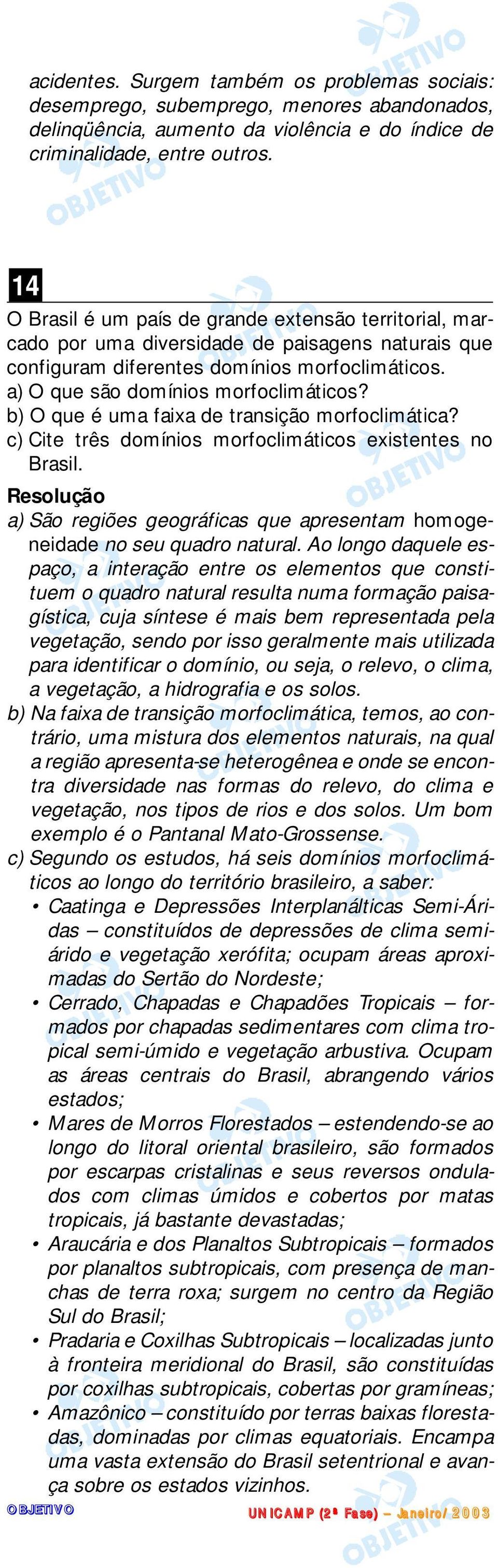 b) O que é uma faixa de transição morfoclimática? c) Cite três domínios morfoclimáticos existentes no Brasil. a) São regiões geográficas que apresentam homogeneidade no seu quadro natural.