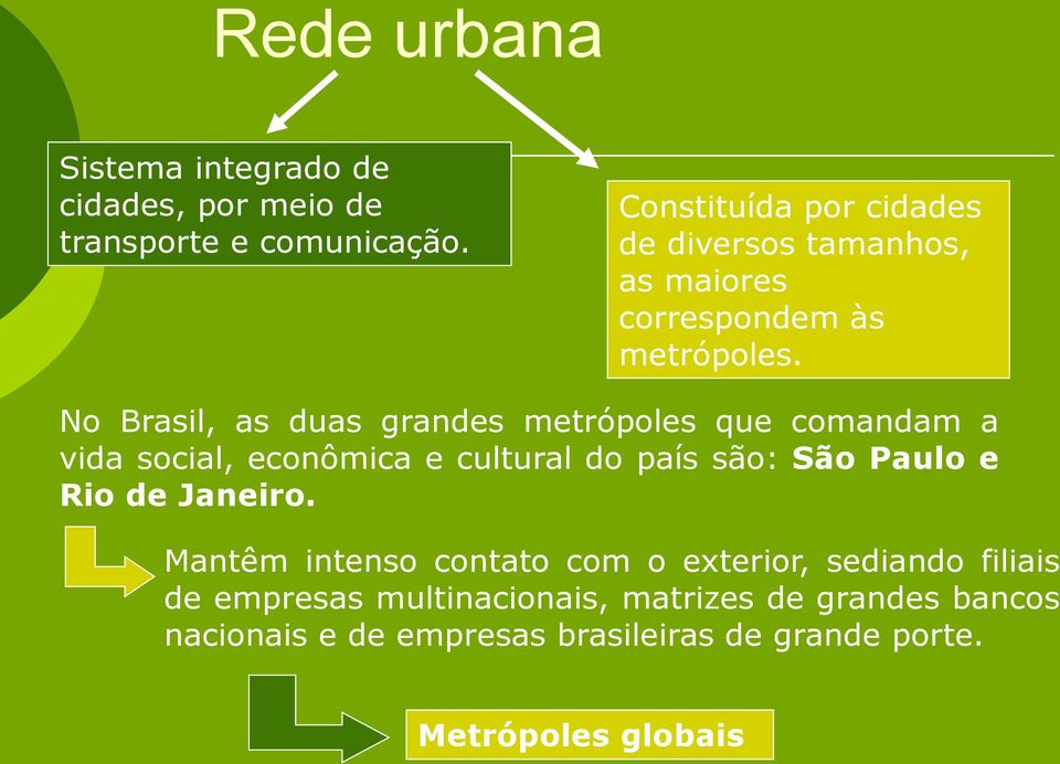 No Brasil, as duas grandes metrópoles que comandam a vida social, econômica e cultural do país são: São Paulo e Rio de