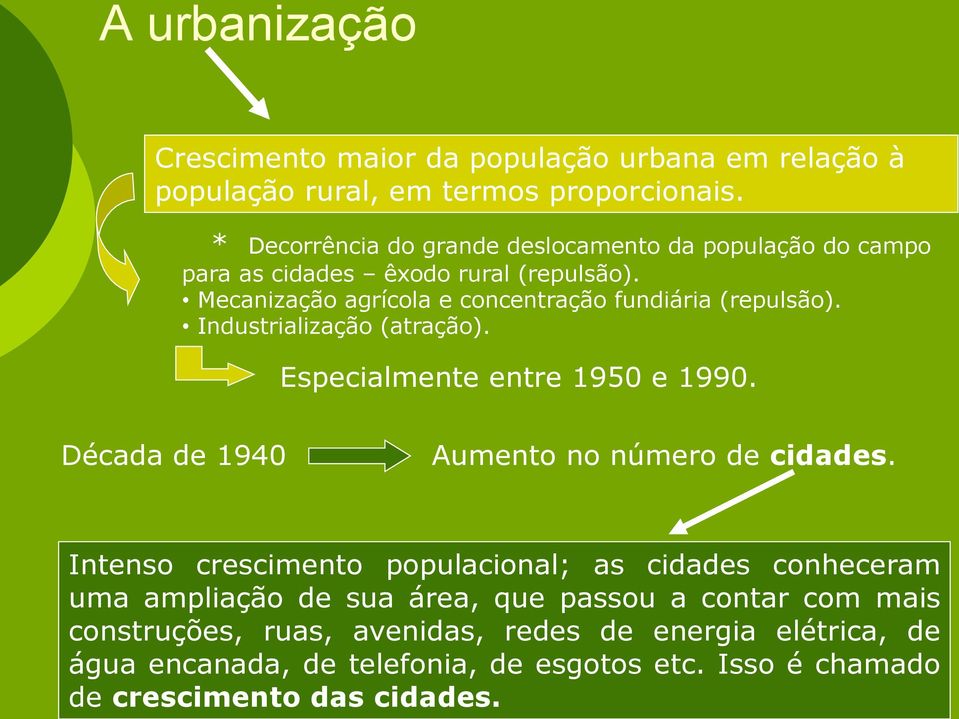 Industrialização (atração). Especialmente entre 1950 e 1990. Década de 1940 Aumento no número de cidades.