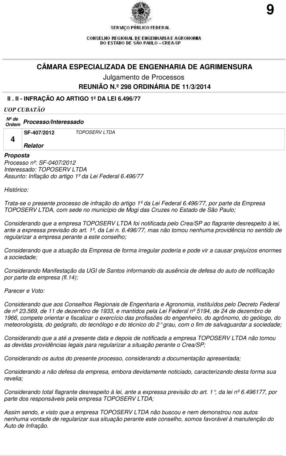 496/77 Histórico: Processo/Interessado Relator Trata-se o presente processo de infração do artigo 1º da Lei Federal 6.