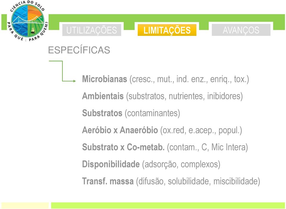 ) Ambientais (substratos, nutrientes, inibidores) Substratos (contaminantes) Aeróbio x