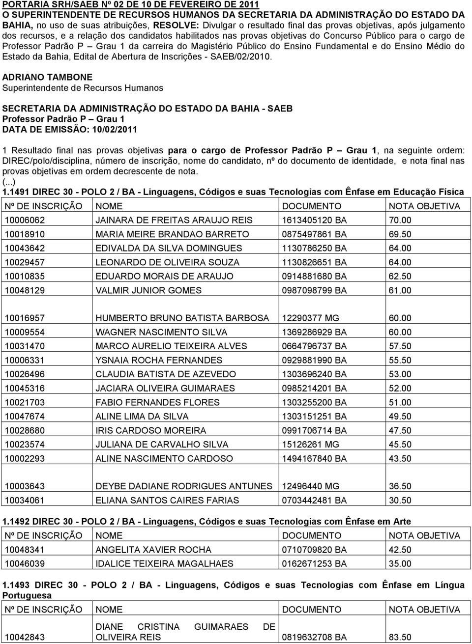 Magistério Público do Ensino Fundamental e do Ensino Médio do Estado da Bahia, Edital de Abertura de Inscrições - SAEB/02/2010.