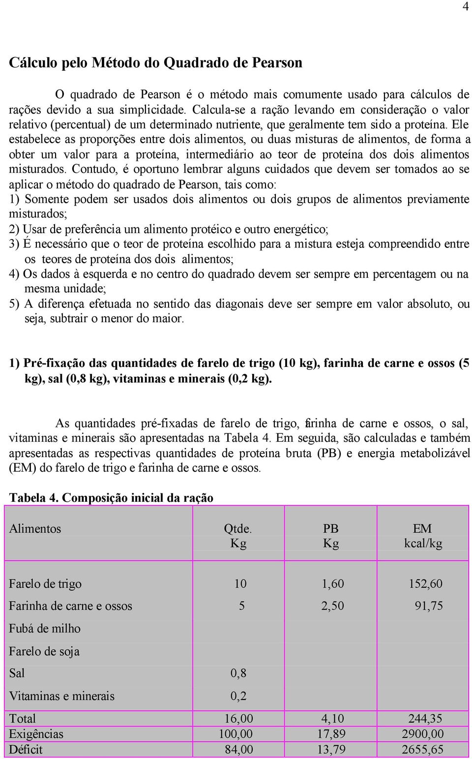 Ele estabelece as proporções entre dois alimentos, ou duas misturas de alimentos, de forma a obter um valor para a proteína, intermediário ao teor de proteína dos dois alimentos misturados.