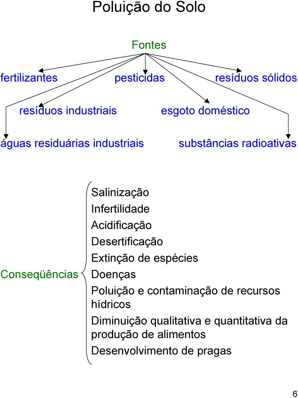 Infertilidade Acidificação Desertificação Extinção de espécies Doenças Poluição e contaminação de