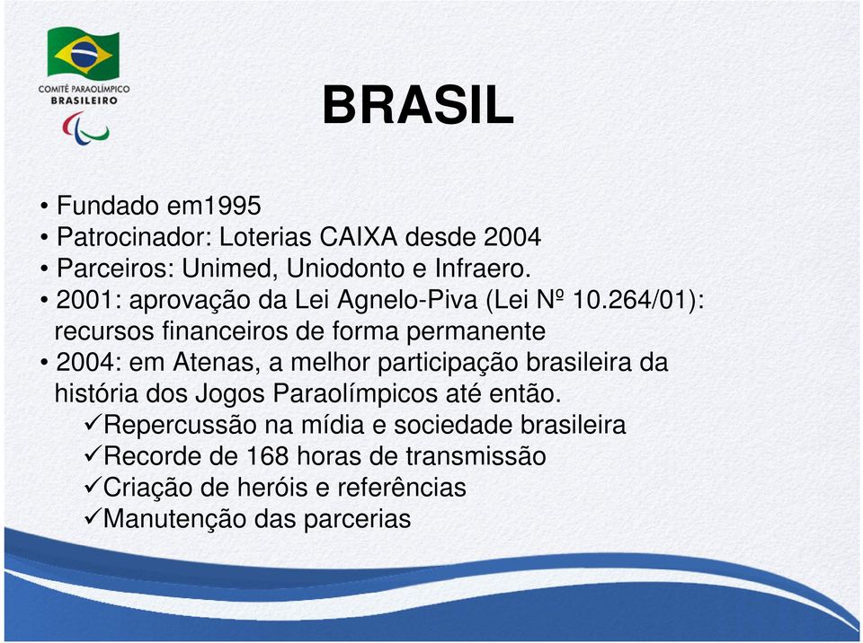 264/01): recursos financeiros de forma permanente 2004: em Atenas, a melhor participação brasileira da