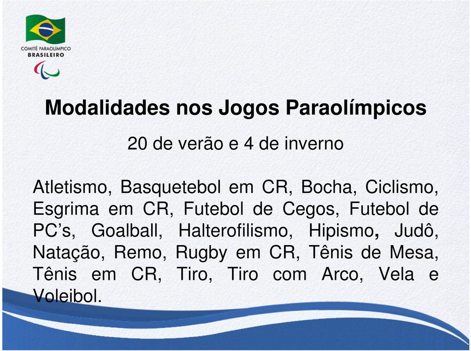 Futebol de PC s, Goalball, Halterofilismo, Hipismo, Judô, Natação, Remo,