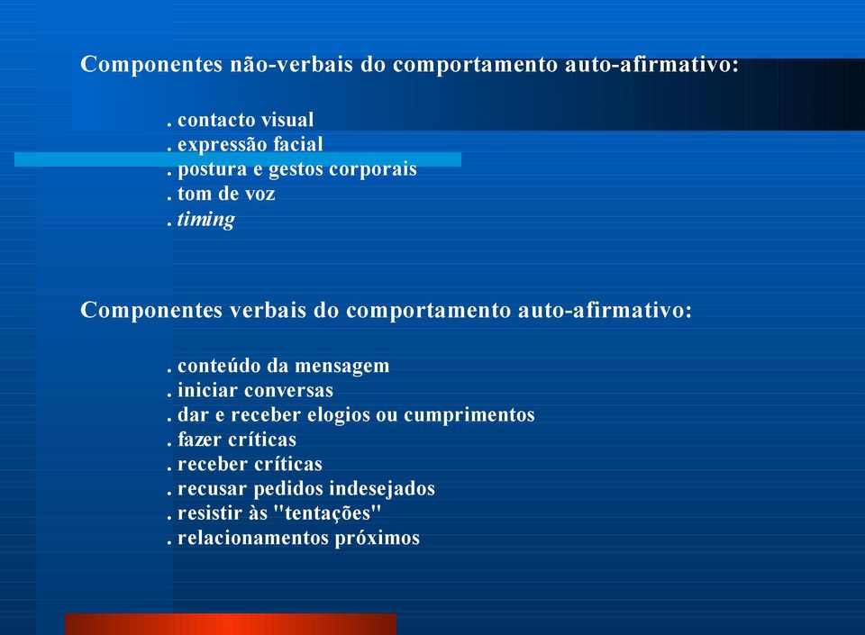 timing Componentes verbais do comportamento auto-afirmativo:. conteúdo da mensagem.