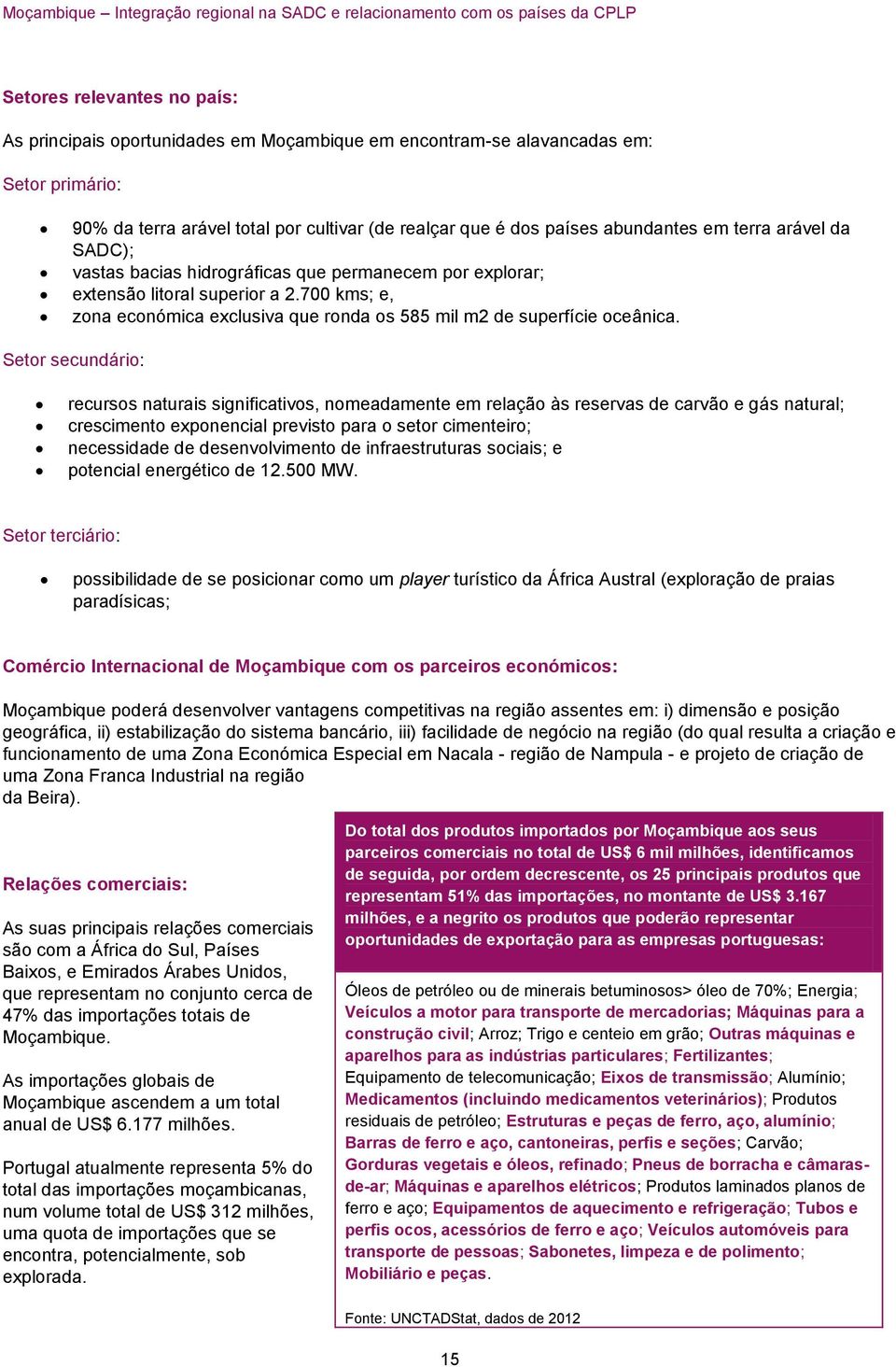 Setor secundário: recursos naturais significativos, nomeadamente em relação às reservas de carvão e gás natural; crescimento exponencial previsto para o setor cimenteiro; necessidade de