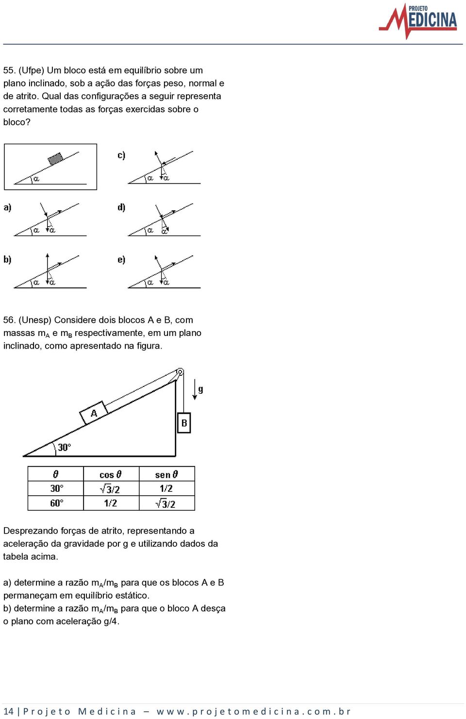 (Unesp) Considere dois blocos A e B, com massas mû e m½ respectivamente, em um plano inclinado, como apresentado na figura.