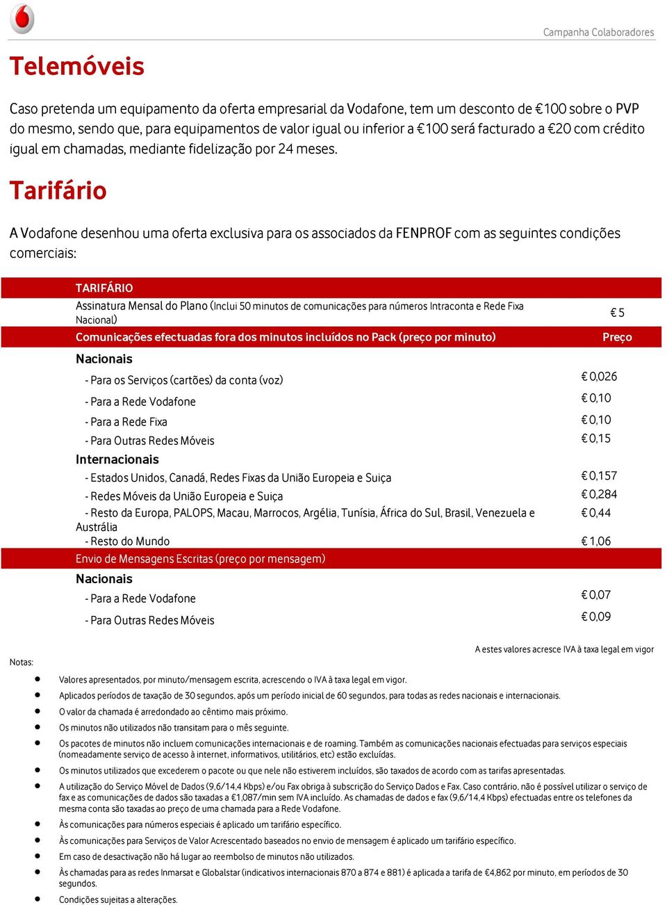 A Vodafone desenhou uma oferta exclusiva para os associados da FENPROF com as seguintes condições comerciais: TARIFÁRIO Assinatura Mensal do Plano (Inclui 50 minutos de comunicações para números