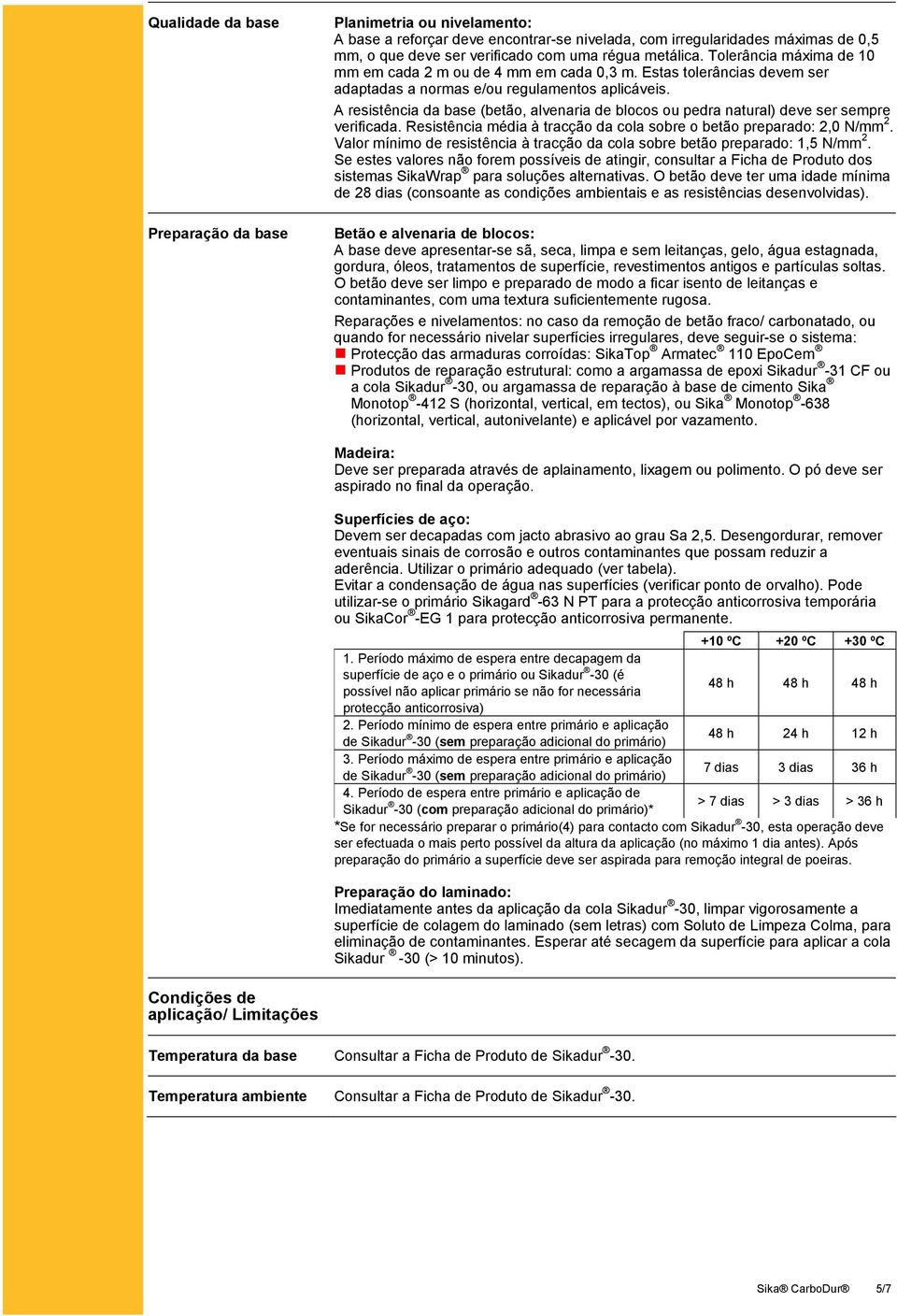 A resistência da base (betão, alvenaria de blocos ou pedra natural) deve ser sempre verificada. Resistência média à tracção da cola sobre o betão preparado: 2,0 N/mm 2.