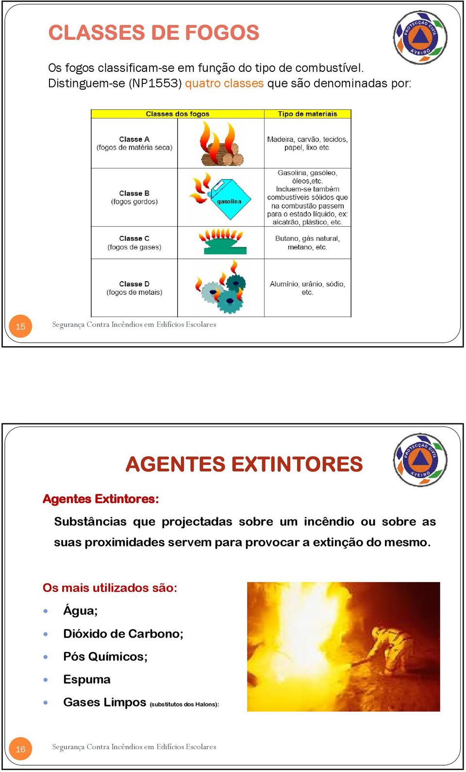 Extintores: Substâncias que projectadas sobre um incêndio ou sobre as suas proximidades servem para