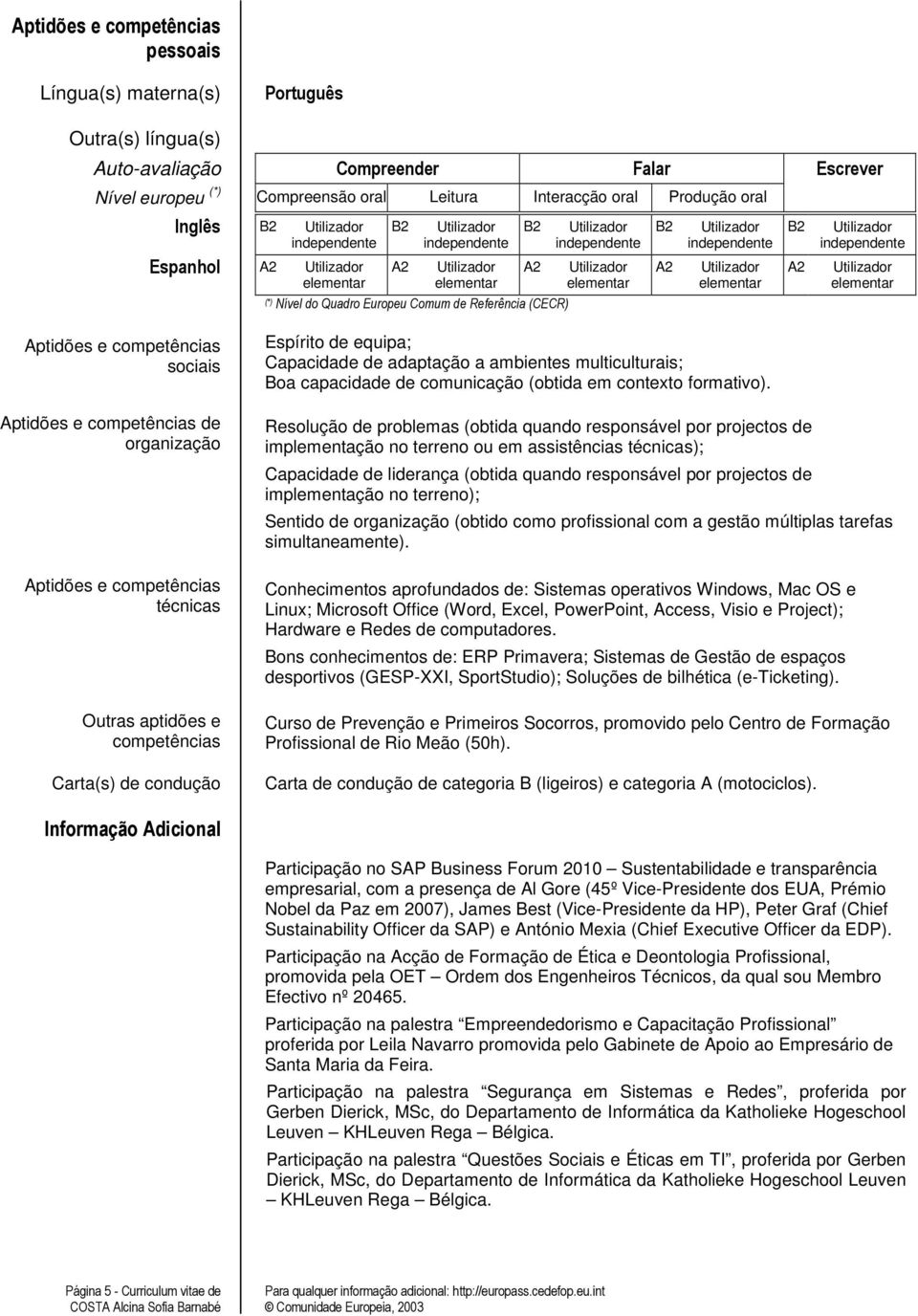 competências Carta(s) de condução Espírito de equipa; Capacidade de adaptação a ambientes multiculturais; Boa capacidade de comunicação (obtida em contexto formativo).