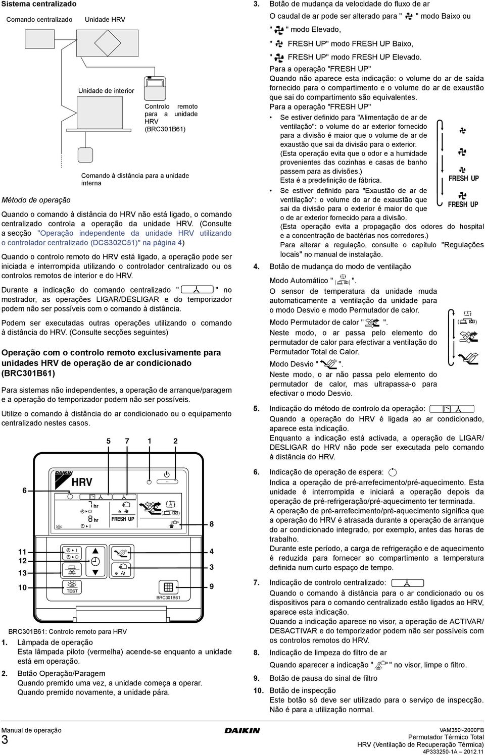 interrompida utilizando o controlador centralizado ou os controlos remotos de interior e do HRV.