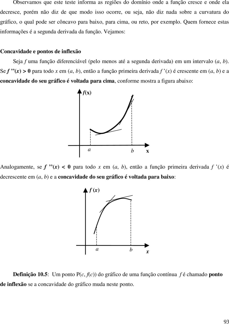 Vejamos: Concavidade e pontos de infleão Seja f uma função diferenciável (pelo menos até a segunda derivada) em um intervalo (a, b).