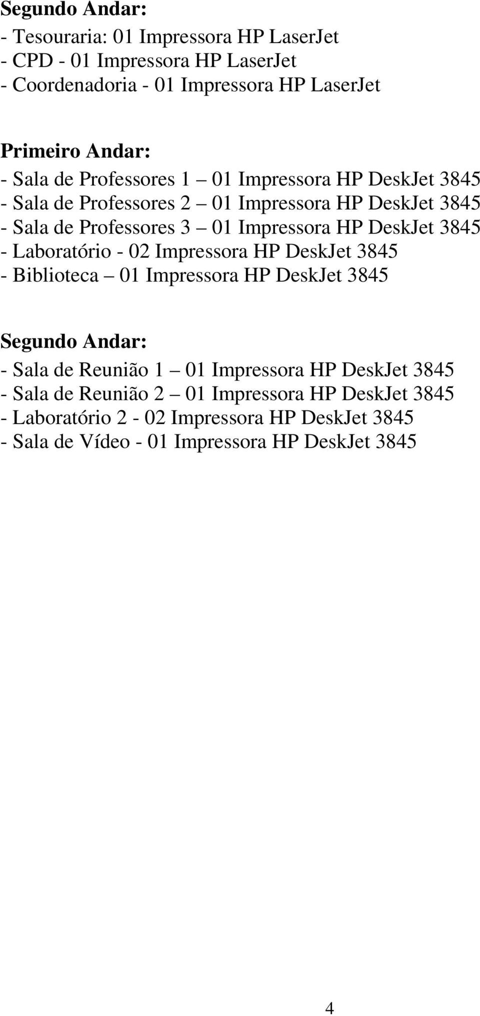 DeskJet 3845 - Laboratório - 02 Impressora HP DeskJet 3845 - Biblioteca 01 Impressora HP DeskJet 3845 Segundo Andar: - Sala de Reunião 1 01 Impressora