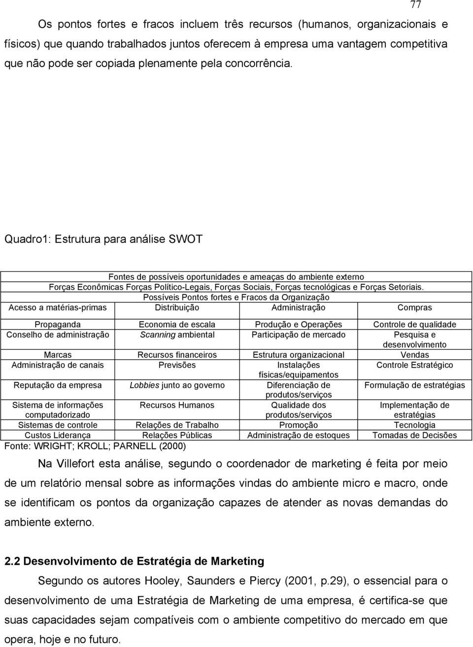 Quadro1: Estrutura para análise SWOT Fontes de possíveis oportunidades e ameaças do ambiente externo Forças Econômicas Forças Político-Legais, Forças Sociais, Forças tecnológicas e Forças Setoriais.