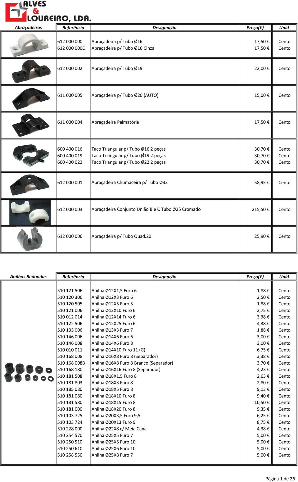 Taco Triangular p/ Tubo Ø22 2 peças 30,70 Cento 612 000 001 Abraçadeira Chumaceira p/ Tubo Ø32 58,95 Cento 612 000 003 Abraçadeira Conjunto União B e C Tubo Ø25 Cromado 215,50 Cento 612 000 006