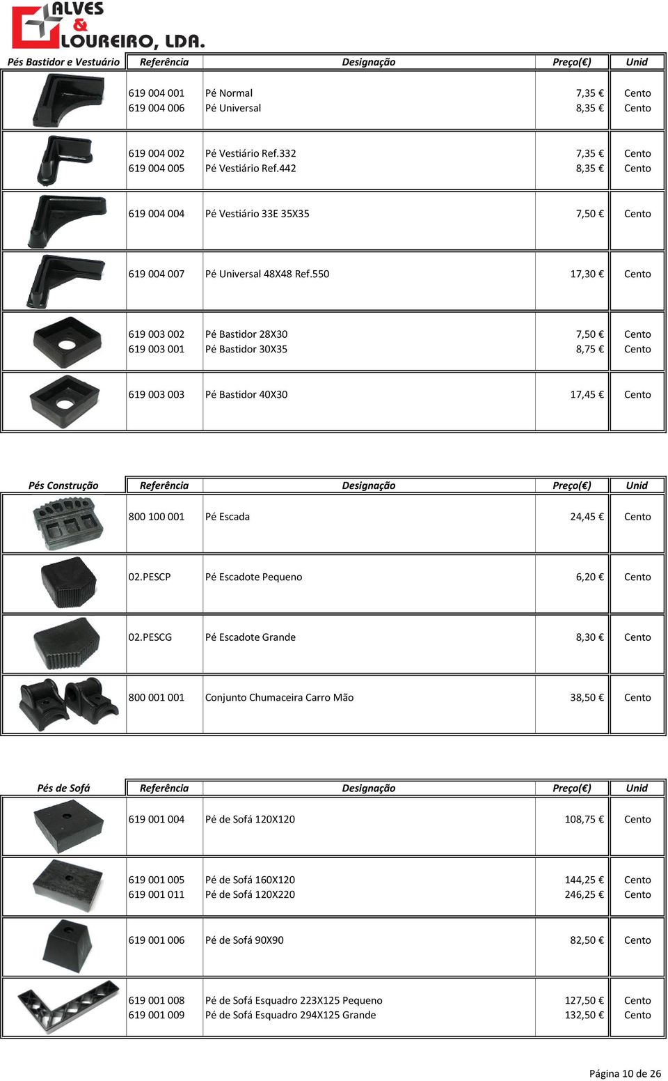 550 17,30 Cento 619 003 002 Pé Bastidor 28X30 7,50 Cento 619 003 001 Pé Bastidor 30X35 8,75 Cento 619 003 003 Pé Bastidor 40X30 17,45 Cento Pés Construção 800 100 001 Pé Escada 24,45 Cento 02.