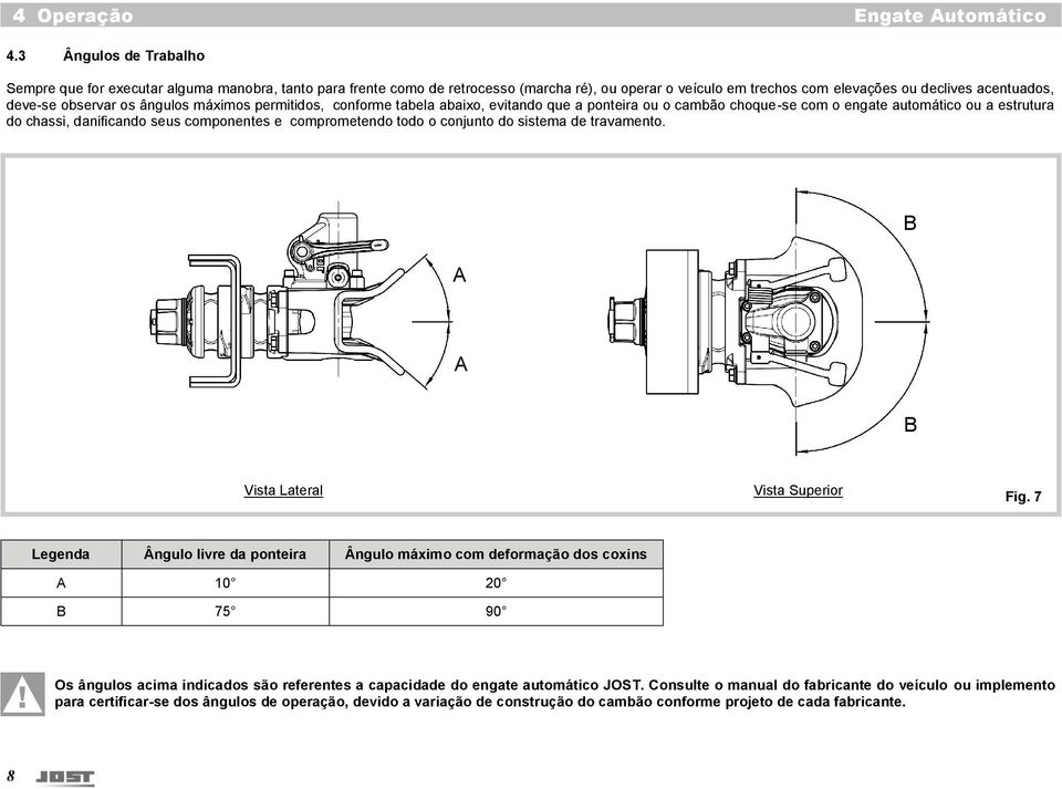 os ângulos máximos permitidos, conforme tabela abaixo, evitando que a ponteira ou o cambão choque-se com o engate automático ou a estrutura do chassi, danificando seus componentes e comprometendo