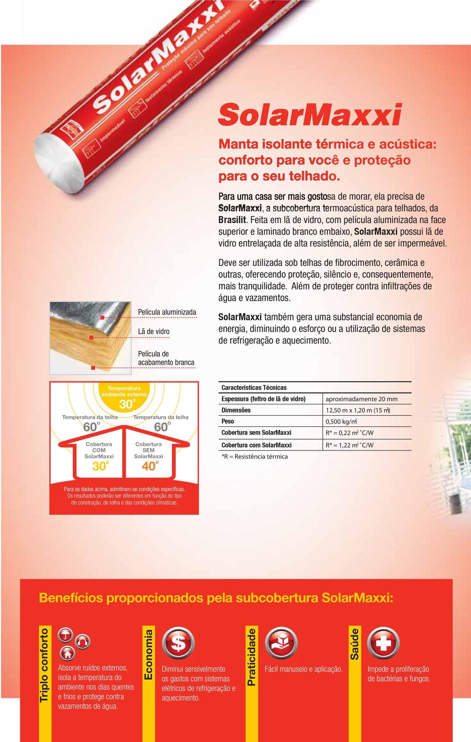 Feita em lã de vidro, com película aluminizada na face superior e laminado branco embaixo, SolarMaxxi possui lã de vidro entrelaçada de alta resistência, além de ser impermeável.