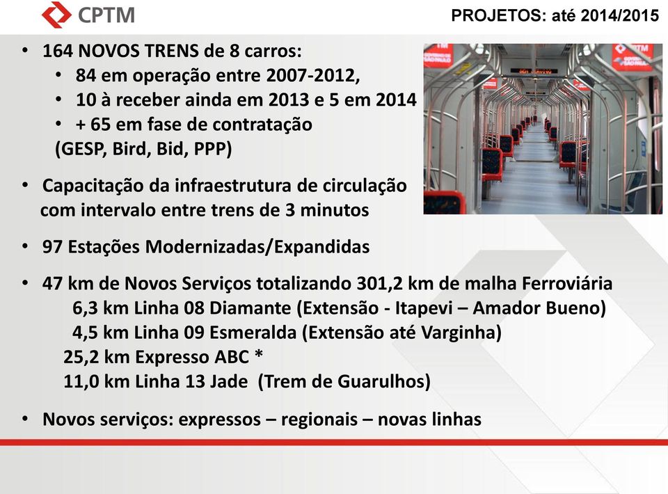 Modernizadas/Expandidas 47 km de Novos Serviços totalizando 301,2 km de malha Ferroviária 6,3 km Linha 08 Diamante (Extensão - Itapevi Amador