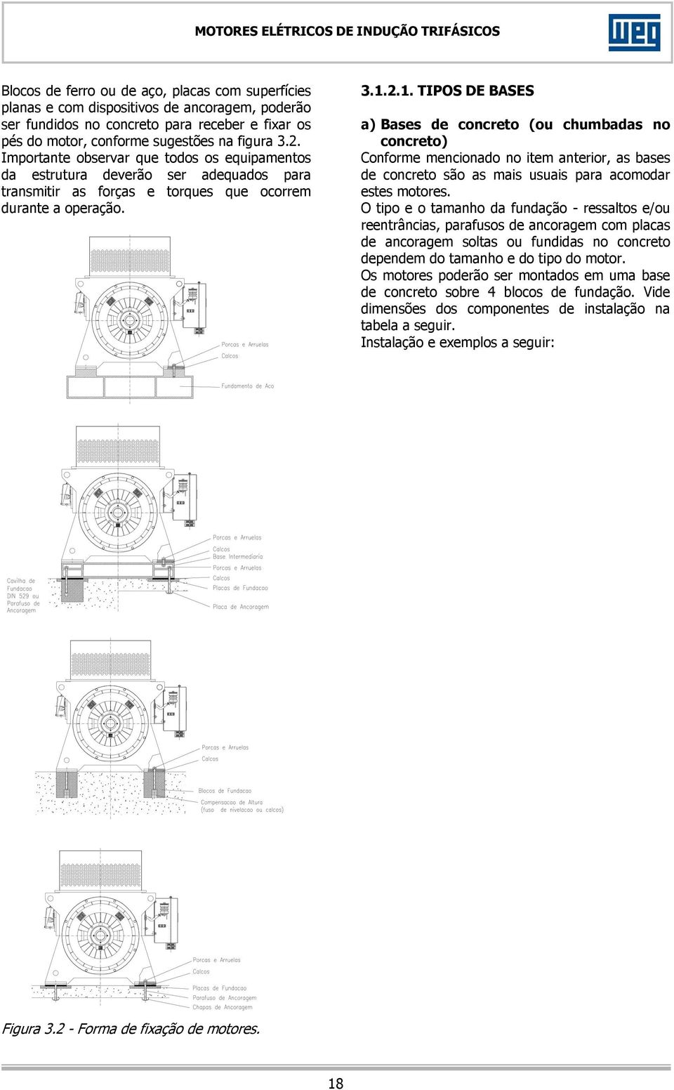 2.1. TIPOS DE BASES a) Bases de concreto (ou chumbadas no concreto) Conforme mencionado no item anterior, as bases de concreto são as mais usuais para acomodar estes motores.