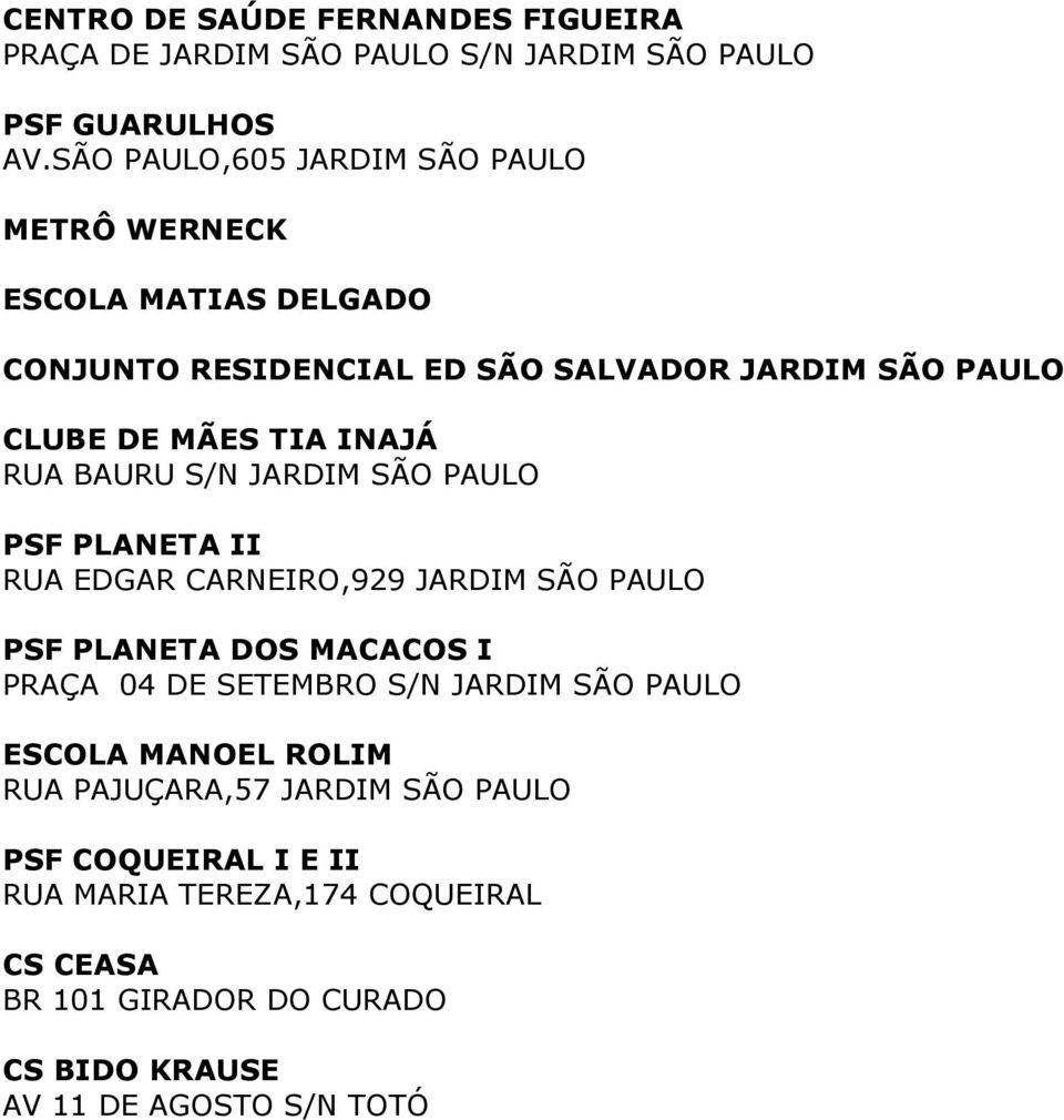 INAJÁ RUA BAURU S/N JARDIM SÃO PAULO PSF PLANETA II RUA EDGAR CARNEIRO,929 JARDIM SÃO PAULO PSF PLANETA DOS MACACOS I PRAÇA 04 DE SETEMBRO S/N