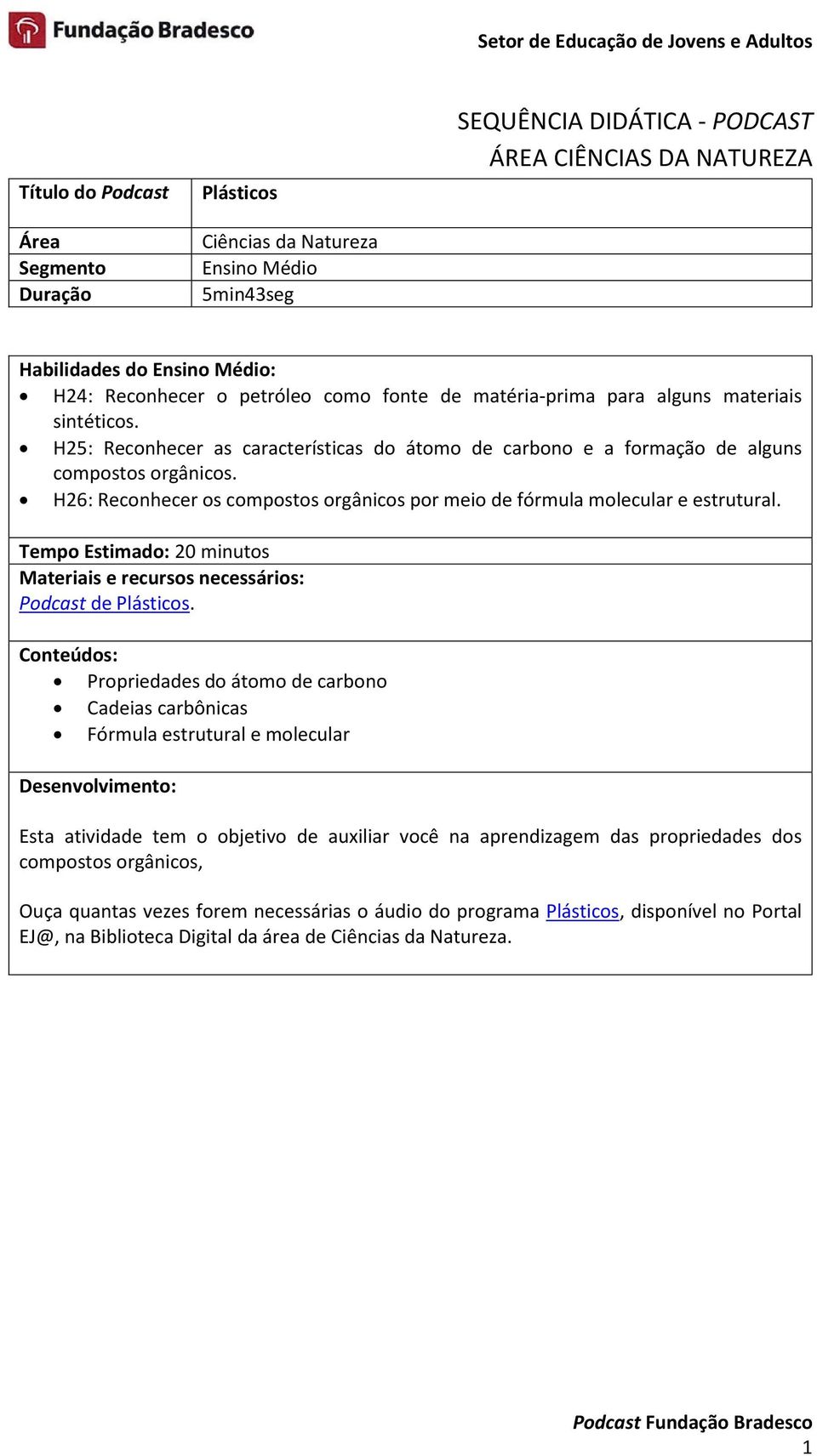 H26: Reconhecer os compostos orgânicos por meio de fórmula molecular e estrutural. Tempo Estimado: 20 minutos Materiais e recursos necessários: Podcast de Plásticos.