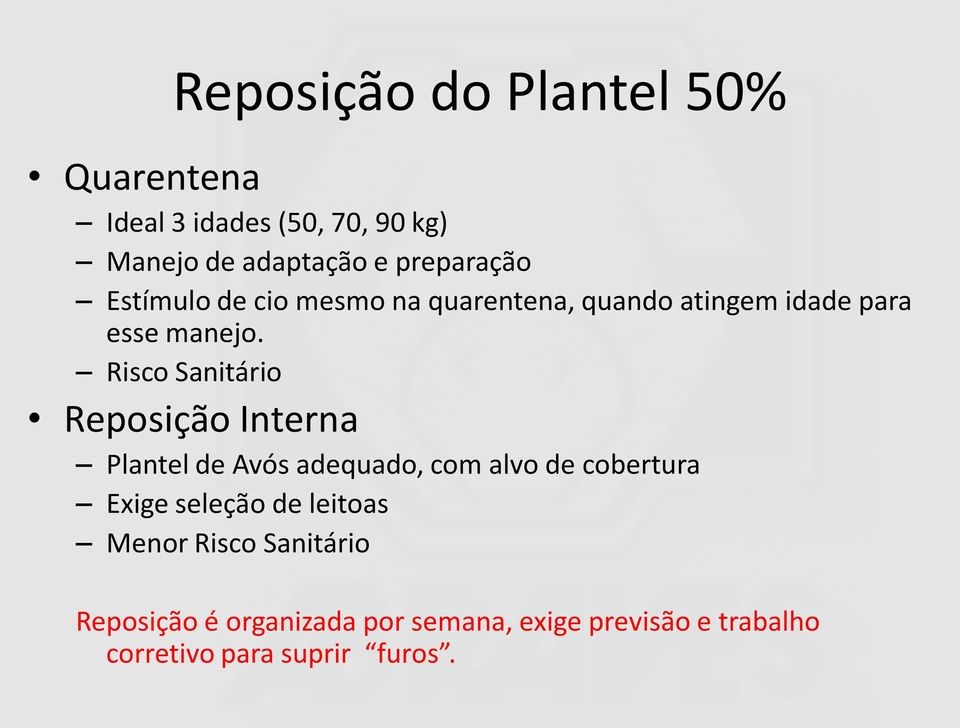 Risco Sanitário Reposição Interna Plantel de Avós adequado, com alvo de cobertura Exige seleção de