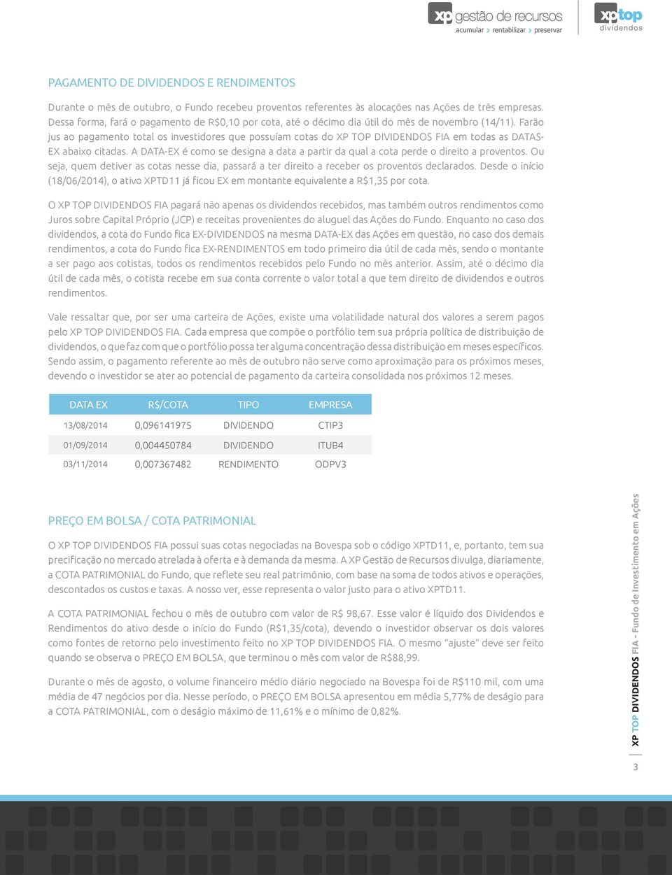 Farão jus ao pagamento total os investidores que possuíam cotas do XP TOP DIVIDENDOS FIA em todas as DATAS- EX abaixo citadas.