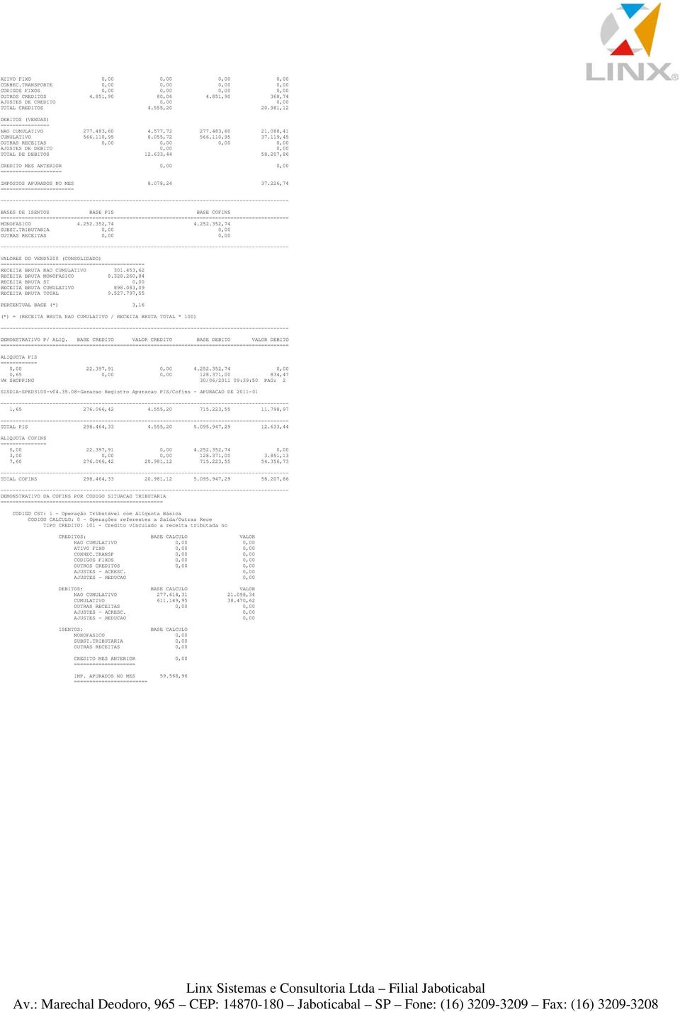 119,45 OUTRAS RECEITAS 0,00 0,00 0,00 0,00 AJUSTES DE DEBITO 0,00 0,00 TOTAL DE DEBITOS 12.633,44 58.207,86 CREDITO MES ANTERIOR 0,00 0,00 ==================== IMPOSTOS APURADOS NO MES 8.078,24 37.