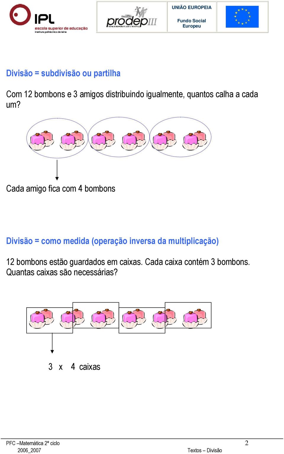 Cada amigo fica com 4 bombons Divisão = como medida (operação inversa da