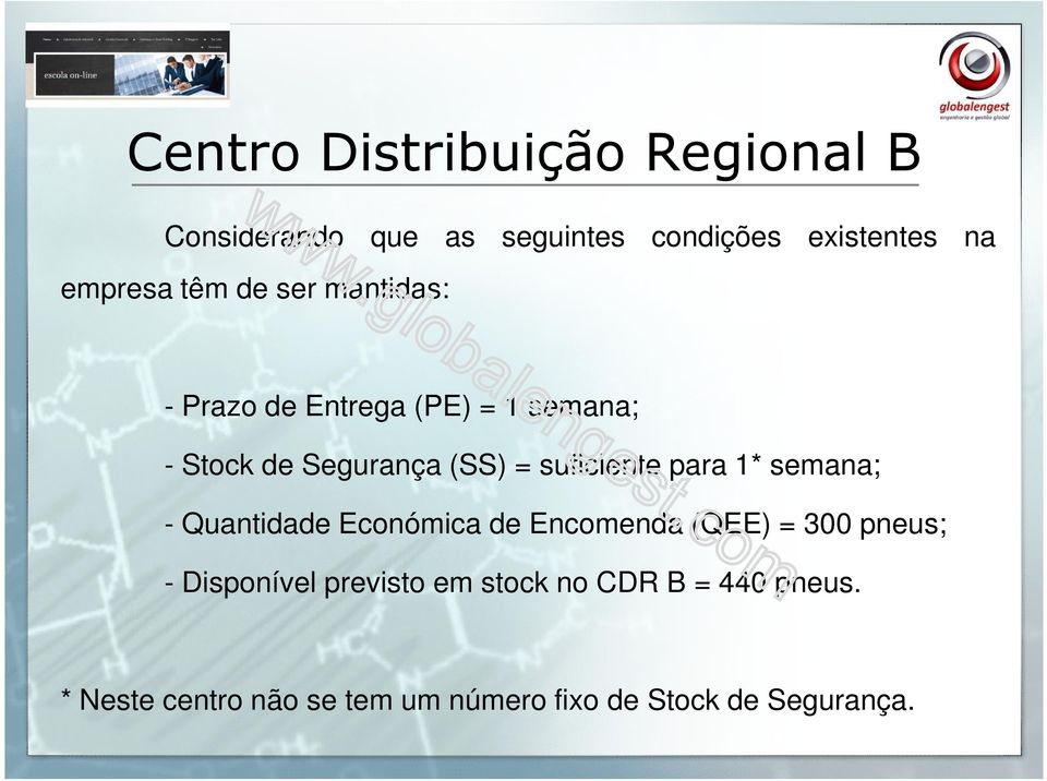 suficiente para 1* semana; - Quantidade Económica de Encomenda (QEE) = 300 pneus; -