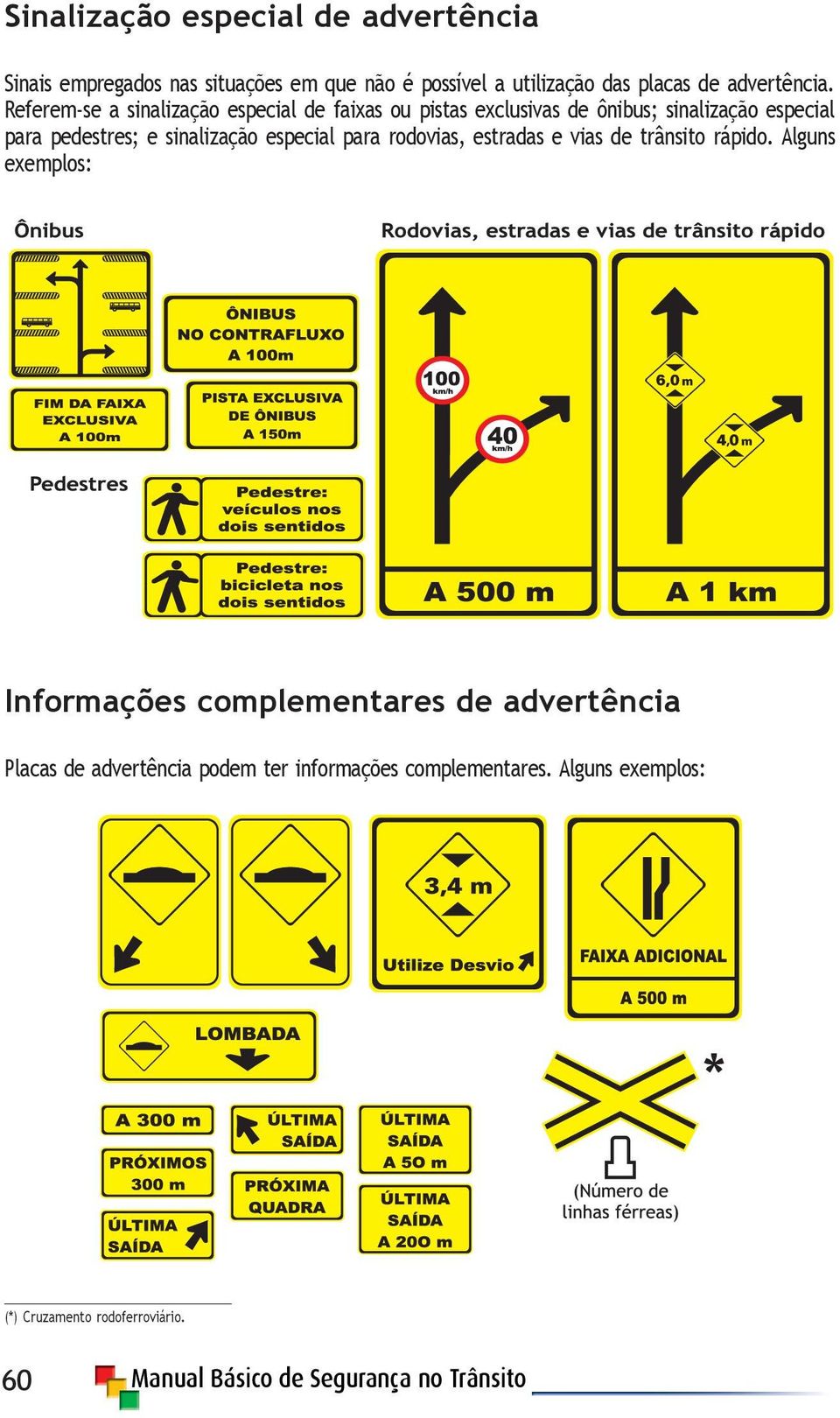 Referem-se a sinalização especial de faixas ou pistas exclusivas de ônibus; sinalização especial para pedestres; e