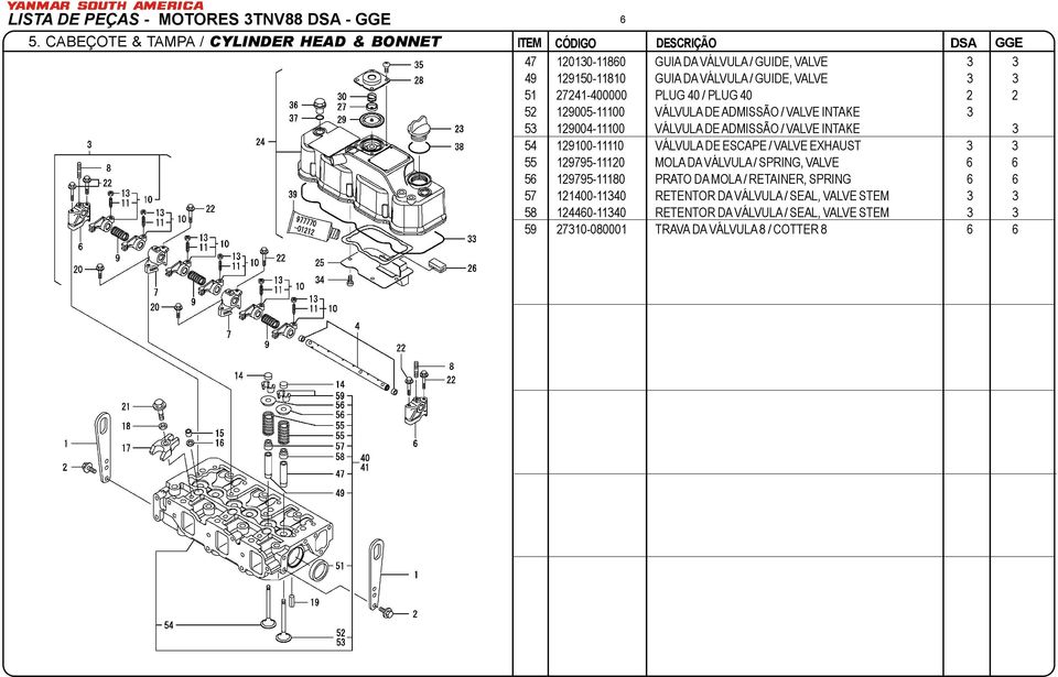 40 / PLUG 40 2 2 52 129005-11100 VÁLVULA DE ADMISSÃO / VALVE INTAKE 3 53 129004-11100 VÁLVULA DE ADMISSÃO / VALVE INTAKE 3 54 129100-11110 VÁLVULA DE ESCAPE / VALVE