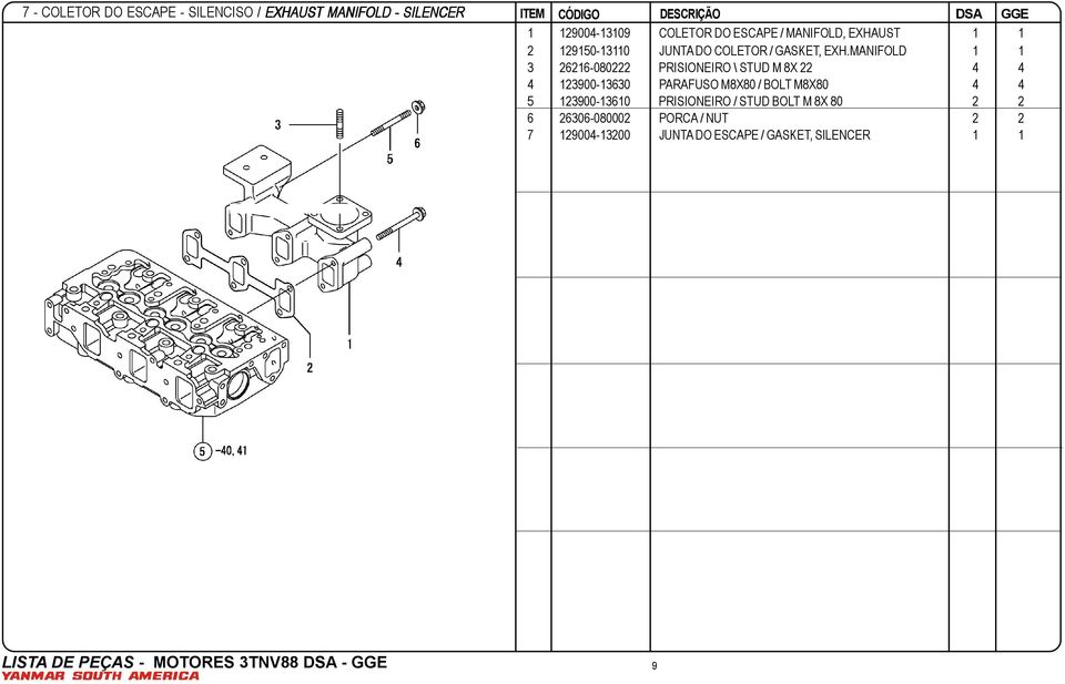 MANIFOLD 1 1 3 26216-080222 PRISIONEIRO \ STUD M 8X 22 4 4 4 123900-13630 PARAFUSO M8X80 / BOLT M8X80 4 4 5
