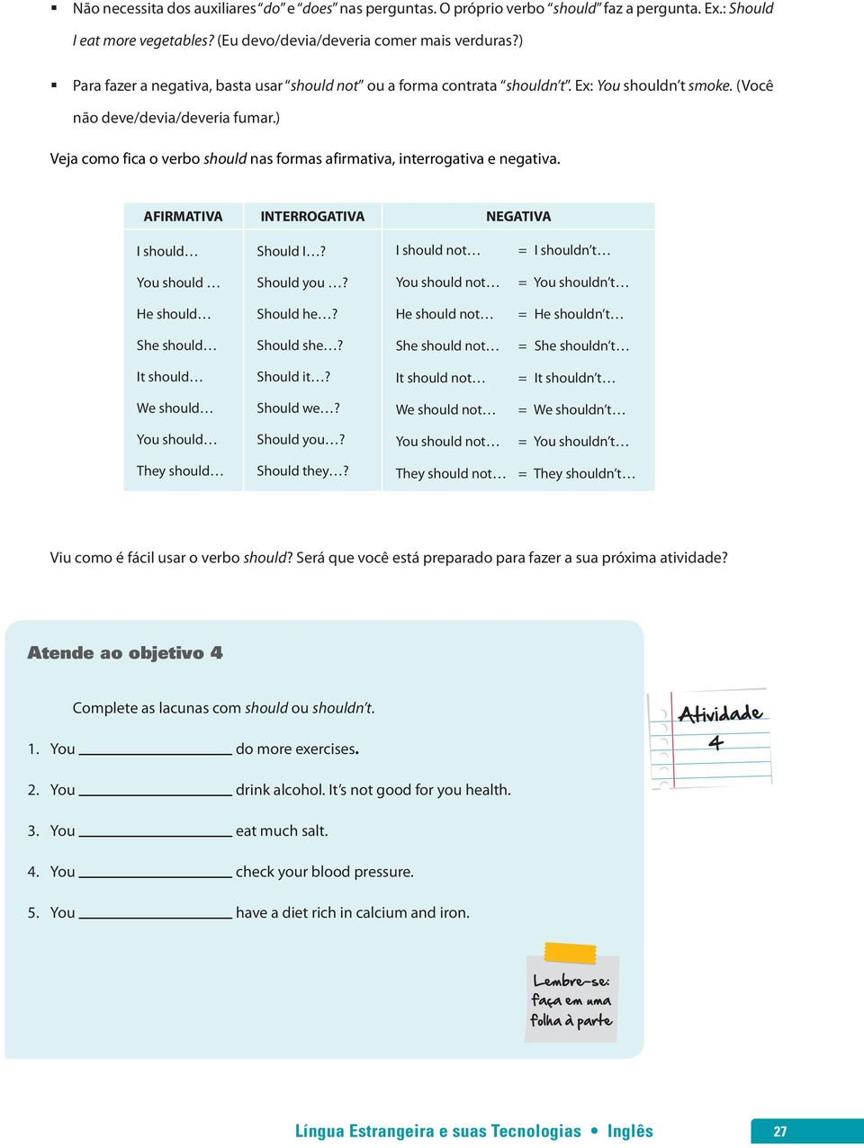 ) Veja como fica o verbo should nas formas afirmativa, interrogativa e negativa. AFIRMATIVA INTERROGATIVA NEGATIVA I should Should I? I should not = I shouldn t You should Should you?