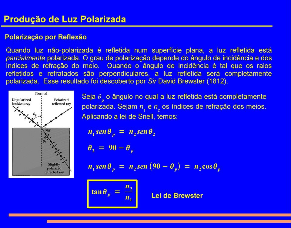 Quando o ângulo de incidência é tal que os raios refletidos e refratados são perpendiculares, a luz refletida será completamente polarizada.