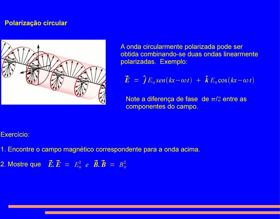 Exemplo: = j E 0 sen kx t k E 0 cos kx t E Note a diferença de fase de /2 entre as