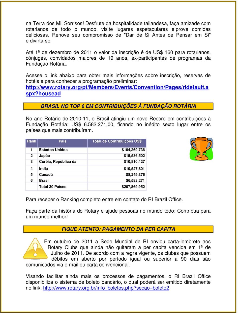 Até 1º de dezembro de 2011 o valor da inscrição é de US$ 160 para rotarianos, cônjuges, convidados maiores de 19 anos, ex-participantes de programas da Fundação Rotária.