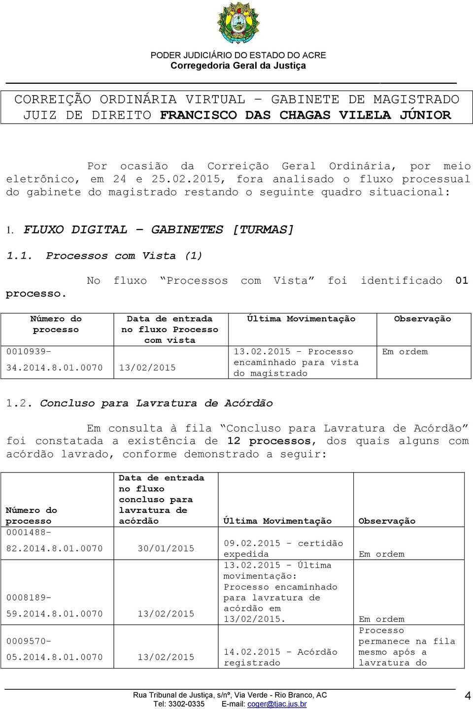 No fluxo s com Vista foi identificado 01 Número do processo Data de entrada no fluxo com vista 34.2014.8.01.0070 13/02/2015 Última Movimentação 13.02.2015 - encaminhado para vista do magistrado Observação Em ordem 1.