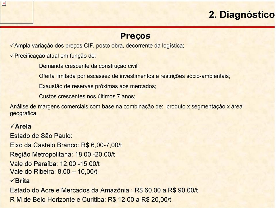comerciais com base na combinação de: produto x segmentação x área geográfica Areia Estado de São Paulo: Eixo da Castelo Branco: R$ 6,00-7,00/t Região Metropolitana: