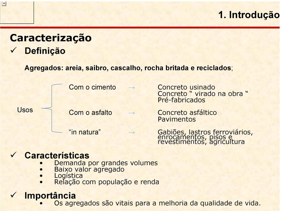 lastros ferroviários, enrocamentos, pisos e revestimentos, agricultura Características Demanda por grandes volumes Baixo