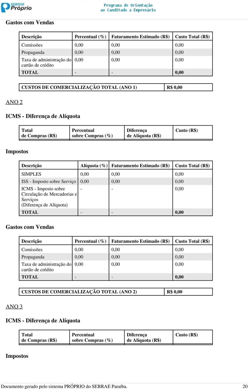 Descrição Alíquota (%) Faturamento Estimado (R$) Custo Total (R$) SIMPLES 0,00 0,00 0,00 ISS - Imposto sobre Serviço 0,00 0,00 0,00 ICMS - Imposto sobre Circulação de Mercadorias e Serviços